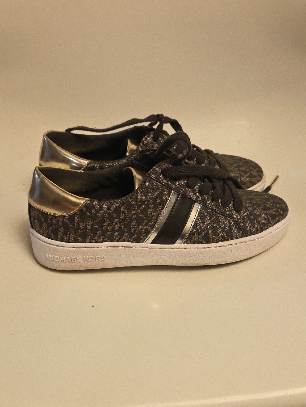 Women's Michael Kors Brown and Gold MK Logo Low-Top Sneakers